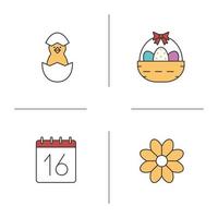 Easter color icons set. Newborn chicken, April 16 day, flower, Easter eggs in basket. Isolated vector illustrations