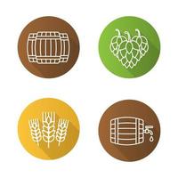 Beer flat linear long shadow icons set. Alcohol wooden barrels, hop cones, wheat ears. Beer brewery. Vector line symbols