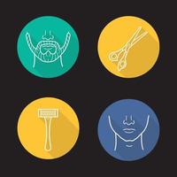 Barbershop flat linear long shadow icons set. Man's beard and clean face, scissors, shaver. Vector line illustration