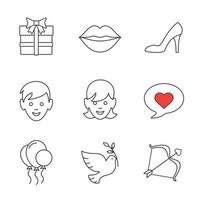 Valentine's Day linear icons set. Gift box, woman's shoe, kiss, boy and girl, love message, air balloons, dove, Cupid's bow and arrow. Thin line contour symbols. Isolated vector illustrations