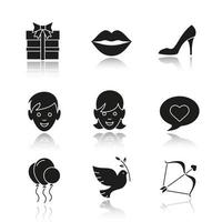 Valentine's Day drop shadow black icons set. Gift box, woman's shoe, kiss, boy and girl, love message, air balloons, dove, Cupid's bow and arrow. Isolated vector illustrations