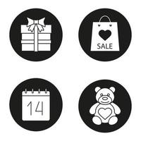 Conjunto de iconos de San Valentín. oso de peluche, caja de regalo, calendario 14 de febrero, venta del día de san valentín. ilustraciones de siluetas blancas vectoriales en círculos negros vector