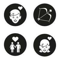 Valentine's Day icons set. Enamoured boy and girl, man and woman holding hands, Cupid's bow and arrow. Vector white silhouettes illustrations in black circles