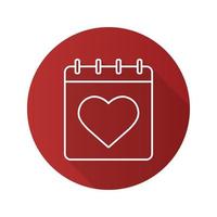 Valentine's Day flat linear long shadow icon. Calendar. February 14 day. Vector line symbol