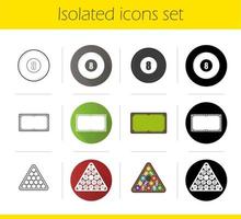 Billiard icons set. Flat design, linear, black and color styles. Pool equipment. Eight ball, table, triangle balls rack. Isolated vector illustrations