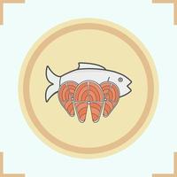 Fish color icons set. Seafood. Salmon steaks on wooden plate vector isolated illustration