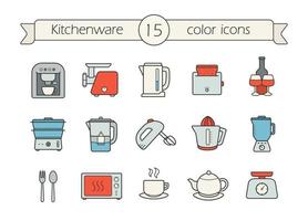 Kitchenware color icons set. cCffee machine, electric mincer and kettle, toaster,steam cooker, water filter, mixer, juicer, blender, spoon and fork, microwave oven. Vector isolated illustrations