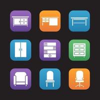 Furniture items flat design icons set. Kitchen counter, desk, classic wooden table, wardrobe, bookcase, dresser, armchair, computer chair. Web application interface. Vector