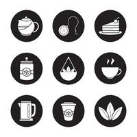 conjunto de iconos de té. artículos de la tienda de té. infusor de tetera y bola, pastel, hojas sueltas de té, recipiente, cuenco, taza humeante, hervidor eléctrico y taza de papel para llevar. vector ilustraciones blancas en círculos negros