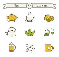 Tea color icons set. Teapot, steaming cup, lemons, kettle, loose tea herbs, tea bag, french press, spoon with raffinade and mug. Vector isolated illustrations