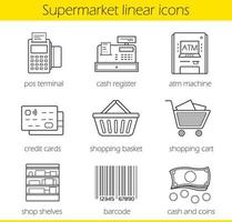 conjunto de iconos lineales de supermercado. terminal pos, caja registradora, cajero automático, tarjeta de crédito, canasta y carrito de compras, estantes de tiendas, código de barras, efectivo y monedas. linea fina. ilustraciones vectoriales aisladas vector