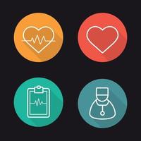 Cardiology flat linear long shadow icons set. Heart pulse analysis, heart, ecg curve and cardiologist. Vector line symbols