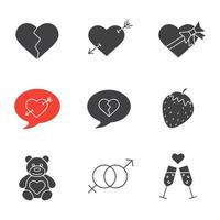 Valentine's Day icons set. February 14 silhouette symbols. Heartbreak, love messages, sex and erotic symbols, champagne, teddy bear, arrow piercing heart, candy box. Vector isolated illustration
