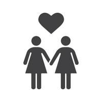 Lesbian couple icon. Silhouette symbol. Two women holding hands. Lesbian girls with heart shape above. Negative space. Vector isolated illustration