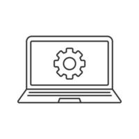 Laptop settings linear icon. Thin line illustration. Notebook with cogwheel contour symbol. Vector isolated outline drawing