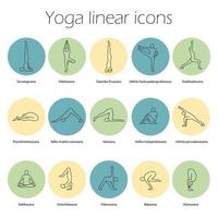 Yoga poses linear icons set. Sarvangasana, halasana, bakasana, uttanasana, siddhasana, vrikshasana, trikonasana, virabhadrasana. Thin line contour symbols. Isolated vector illustrations