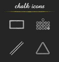 Conjunto de iconos de tiza de equipo de billar. bolas de billar, mesa, tacos y soporte de bolas. ilustraciones de pizarra vector aislado