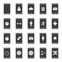 Smartphone apps icons set. Silhouette symbols. Smart phone users, photo camera, energy, cloud storage, email, trash, turn off button, sport and medical apps. Vector isolated illustration