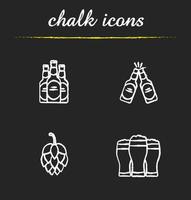 Beer chalk icons set. Hop cone, beer bottles and glasses. Isolated vector chalkboard illustrations