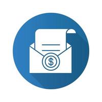 Salary flat design long shadow icon. Check in envelope. Vector silhouette symbol