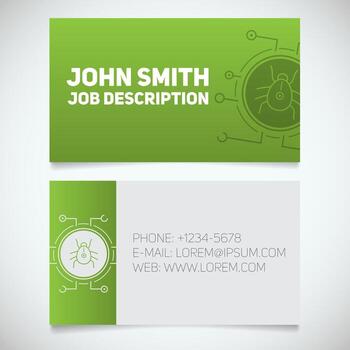 Business card print template with computer virus bug logo. Programmer. Cyber security. Stationery design concept. Vector illustration
