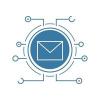 Email security flat linear long shadow icon. Sms message. Email letter with microchip pathways. Vector line symbol