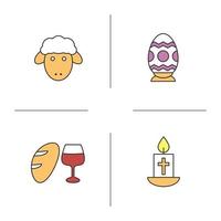 Easter color icons set. Easter egg, lamb, candle with cross, bread and wine. Isolated vector illustrations