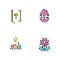 Easter color icons set. Holy Bible, Easter egg with bow and ribbon, violet, eggs and candle on plate. Isolated vector illustrations