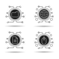 Cyber technology icons set. Cloud computing. Worldwide network, digital storage, web document, network access. Vector white silhouettes illustrations in black circles