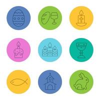 Easter linear icons set. Bread and wine, candles, fish, church, goblet, candles, Easter bunny and egg. Thin line contour symbols on color circles. Vector illustrations