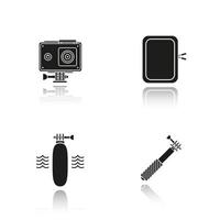 Action camera drop shadow black icons set. Floating grip, gadget protective case, monopod. Isolated vector illustrations