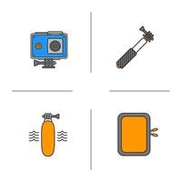 Action camera color icons set. Floating grip, gadget protective case, monopod. Isolated vector illustrations