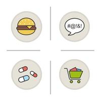 Addictions color icons set. Obesity, dirty language, pills and oniomania shopping. Fast food, drugs, shopping cart and swearing. Isolated vector illustrations