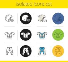 American football player's uniform icons set. Linear, black and color styles. Helmet, shoulder pad, shorts. Isolated vector illustrations