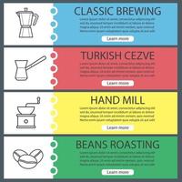 Coffee banner templates set. Hand mill, classic coffee maker, turkish cezve, beans. Website menu items with linear icons. Color web banner. Vector headers design concepts