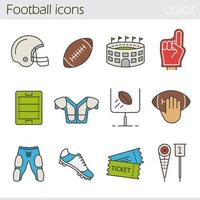 American football color icons set. Helmet, shoulder pad, ball, shorts, hand holding ball, goal sign, foam finger, game tickets, arena. Isolated vector illustrations