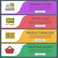 Supermarket banner templates set. Grocery store. Product barcode, cash register, shopping basket, money. Website menu items. Color web banner. Vector headers design concepts