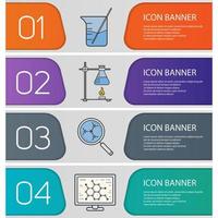 Chemical lab banner templates set. Beaker with rod, molecular science and analysis, ring stand with flask. Website menu items. Color web banner. Vector headers design concepts