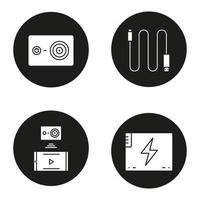 Action camera icons set. Mini USB cable, battery, action camera to smartphone wireless connection. Vector white silhouettes illustrations in black circles