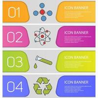 Science banner templates set. Atom, molecule, test tube with liquid, recycle symbol. Website menu items. Color web banner. Vector headers design concepts