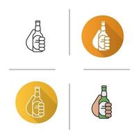 Hand with beer bottle icon. Flat design, linear and color styles. Toasting hand holding beer. Cheers isolated vector illustrations