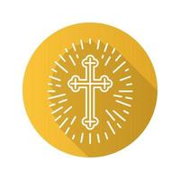 Christian crucifix with light around. Flat linear long shadow icon. Easter cross. Vector line symbol