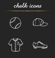 Baseball chalk icons set. Softball equipment. Ball, cap, shoe and t-shirt. Isolated vector chalkboard illustrations