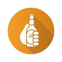 Hand with beer bottle. Flat design long shadow icon. Toasting hand holding beer. Vector silhouette symbol