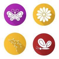 Spring flat design long shadow icons set. Butterflies, camomile, willow blossom. Vector silhouette illustration