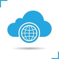 Worldwide cloud storage icon. Drop shadow silhouette symbol. Cloud computing. Negative space. Vector isolated illustration