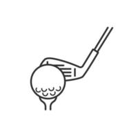 Golf ball on tee with club linear icon. Thin line illustration. Putter contour symbol. Vector isolated outline drawing