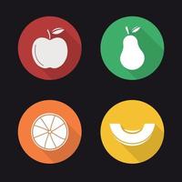 Fruit flat design long shadow icons set. Apple, pear, orange, melon slice. Vector silhouette illustration