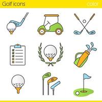 Golf color icons set. Ball on tee, golf cart, clubs, golfer's checklist, championship symbol, bag, course, flagstick in hole. Isolated vector illustrations