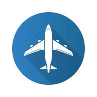 Plane flat design long shadow icon. Airplane flight arrival. Vector silhouette symbol